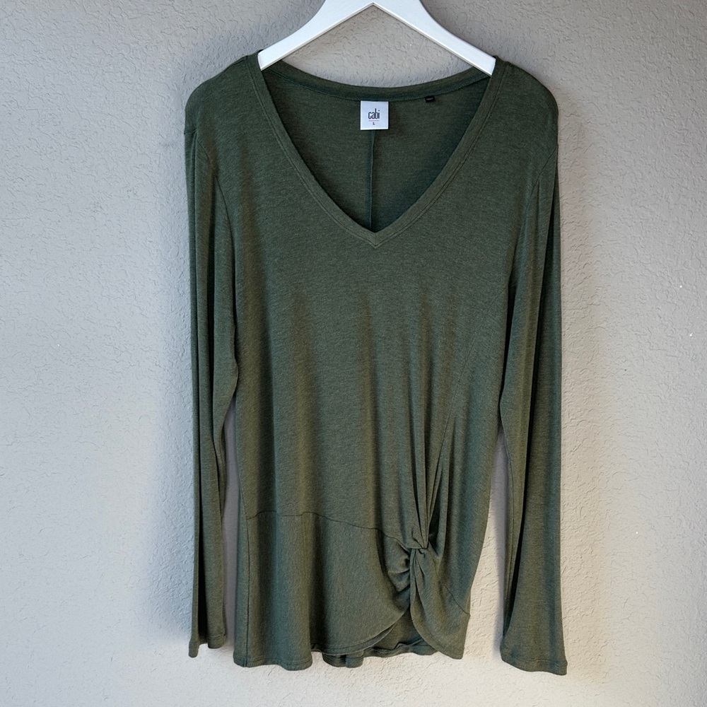 CAbi Knot Front Long Sleeve Rayon Blend Reveal Tee 3623 Sage Green Size L